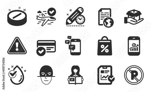 Project deadline, Face recognition and Payment methods icons simple set. Confirmed flight, Internet document and Hold box signs. Flat icons set. Vector