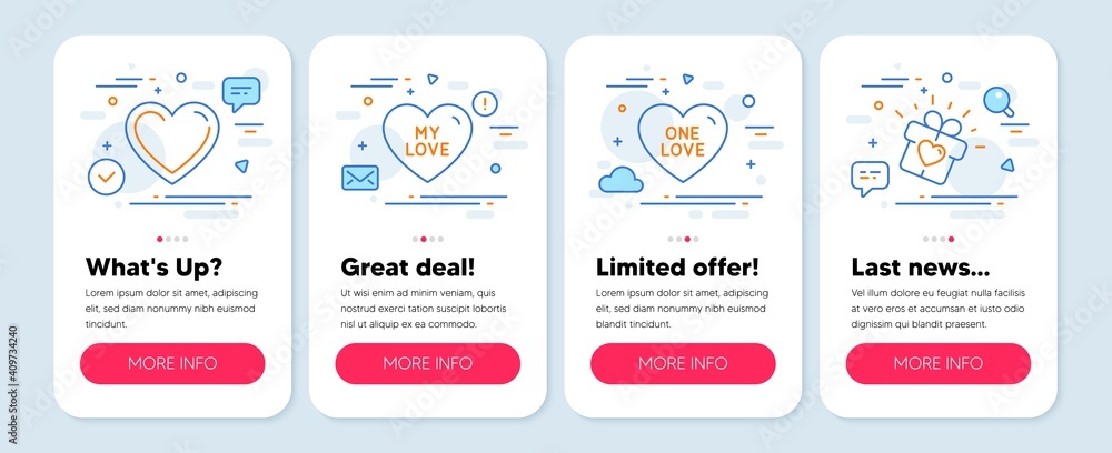 Set of Love icons, such as Heart, My love, One love line icons. Mobile screen mockup banners. Sweet heart. Heart icons. Mobile app carousel. Application banners. Vector