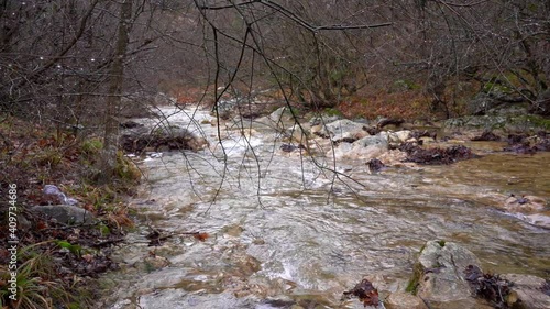 Rocky bed of a mountain river along which water flows down through a wild forest
