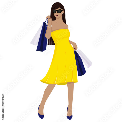 A beautiful girl in a dress is shopping. The girl with the bags. Fashionable. Vector illustration in cartoon style. Isolated on a white background.