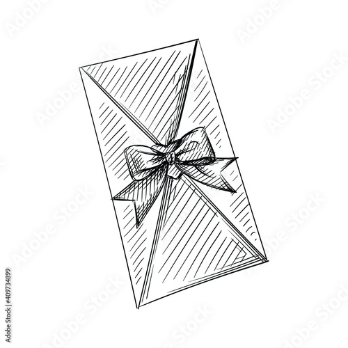 Hand drawn sketch of invitation envelope for wedding on a white background. Wedding theme. Celebration and festivities. Accessories for wedding