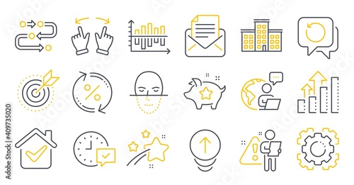 Set of Technology icons, such as Mail correspondence, Face recognition, Move gesture symbols. Loan percent, Analysis graph, Select alarm signs. Seo gear, Recovery data, Target purpose. Vector