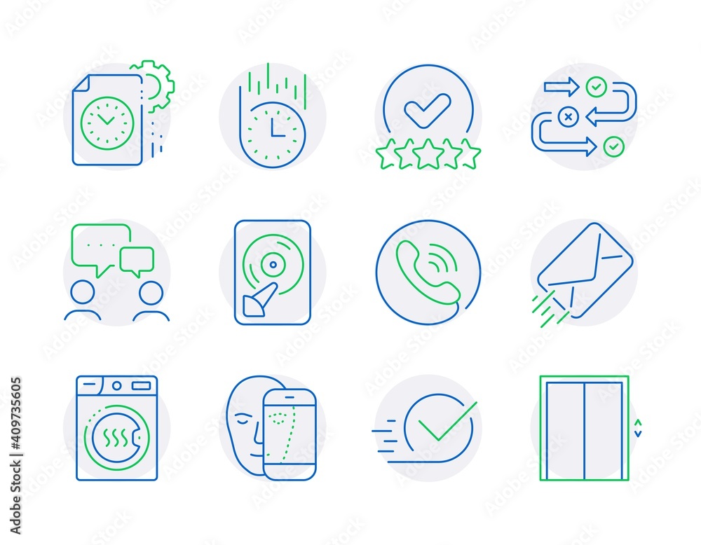 Technology icons set. Included icon as Call center, Project deadline, People chatting signs. Face biometrics, Checkbox, E-mail symbols. Fast delivery, Dryer machine, Survey progress. Hdd. Vector Technology icons set. Included icon as Call center, Project deadline, People chatting signs. Face biometrics, Checkbox, E-mail symbols. Fast delivery, Dryer machine, Survey progress. Hdd. Vector