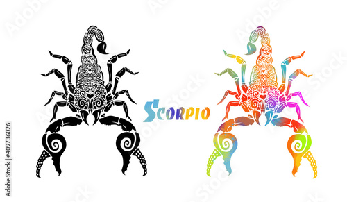 Scorpion of multicolored patterns. T-shirt print. Scorpio zodiac sign. Mixed media. Vector illustration