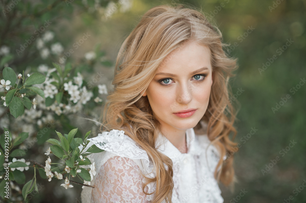 Large portrait of a beautiful girl in white flowers 2699. Large portrait of a beautiful girl in white flowers 2699.