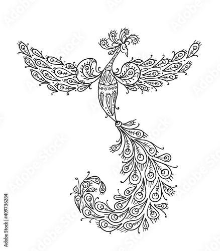 Firebird with a Majestic Tail. Phoenix Bird. Mythical character. Ornamental Silhouette for your design
