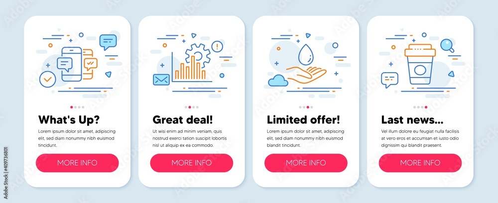 Set of Business icons, such as Smartphone sms, Water care, Seo graph symbols. Mobile screen banners. Takeaway coffee line icons. Mobile messages, Aqua drop, Analytics chart. Latte drink. Vector Set of Business icons, such as Smartphone sms, Water care, Seo graph symbols. Mobile screen banners. Takeaway coffee line icons. Mobile messages, Aqua drop, Analytics chart. Latte drink. Vector
