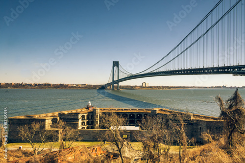 Staten Island  NY - USA - Jan. 30  2021  A view of Fort Wadsworth s Battery Weed  Verrazzano-Narrows Bridge and the NYC harbor. Part of the Gateway National Recreation Area.