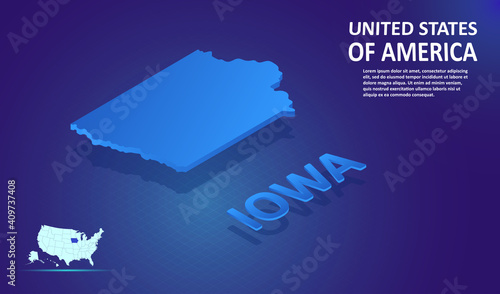 Isometric Iowa State map on blue and glowing background. 3D Detailed Map in perspective with place for your text or description. Technology Information Graphic Elements for design and template.
