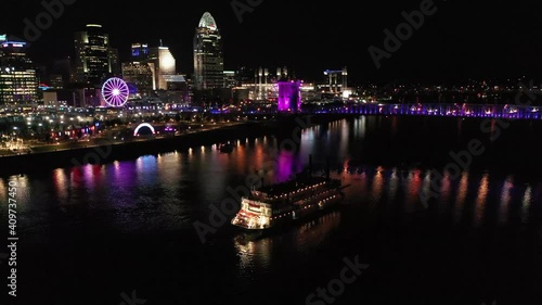 2.7K BLINK Cincinnati Roebling Bridge SkyStar Drone Aerial Flying Over Boat photo