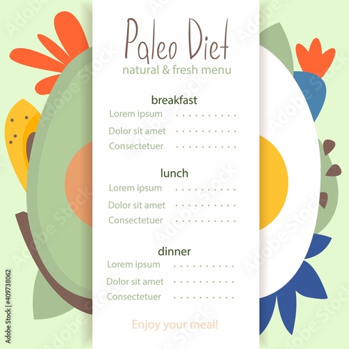 Paleo diet menu. Card templates with hand drawn colored paleo diet foods. Healthy food and dieting concept