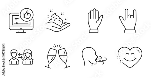 Like video, People communication and Hand line icons set. Horns hand, Champagne glasses and Skin care signs. Breathing exercise, Smile face symbols. Thumbs up, People talking, Waving palm. Vector