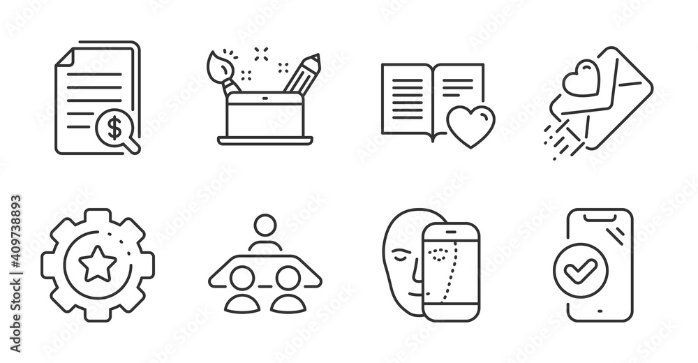 Interview job, Love letter and Settings gear line icons set. Creativity concept, Face biometrics and Love book signs. Approved phone, Financial documents symbols. Quality line icons. Vector Interview job, Love letter and Settings gear line icons set. Creativity concept, Face biometrics and Love book signs. Approved phone, Financial documents symbols. Quality line icons. Vector