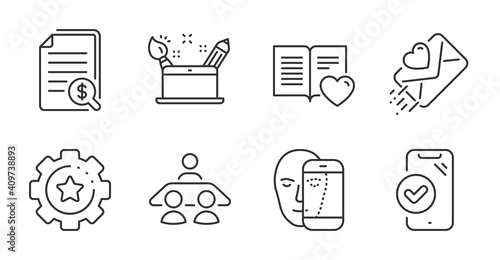 Interview job, Love letter and Settings gear line icons set. Creativity concept, Face biometrics and Love book signs. Approved phone, Financial documents symbols. Quality line icons. Vector
