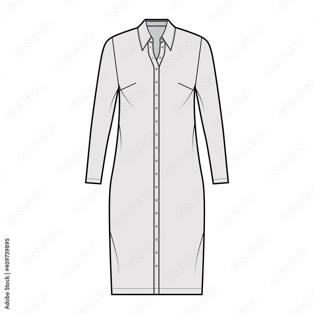 Shirt dress technical fashion illustration with classic regular collar, knee length, oversized body, Pencil fullness, button up. Flat apparel template front, grey color. Women, men, unisex CAD mockup Shirt dress technical fashion illustration with classic regular collar, knee length, oversized body, Pencil fullness, button up. Flat apparel template front, grey color. Women, men, unisex CAD mockup