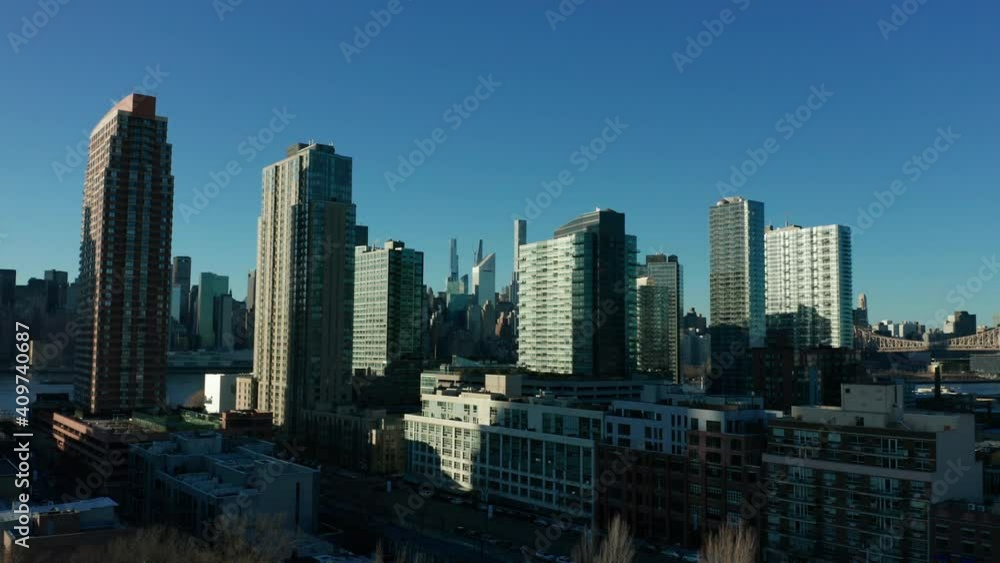 view of LIC skyline flying backward revealing steeple of St. Mary's Church view of LIC skyline flying backward revealing steeple of St. Mary's Church