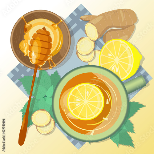 Herbal tea with lemon balm, ginger and honey. Mint leaves, chopped ginger and lime, a cup of herbal drink on a napkin top view. Vector illustration in a flat style. A warming infusion treatment.