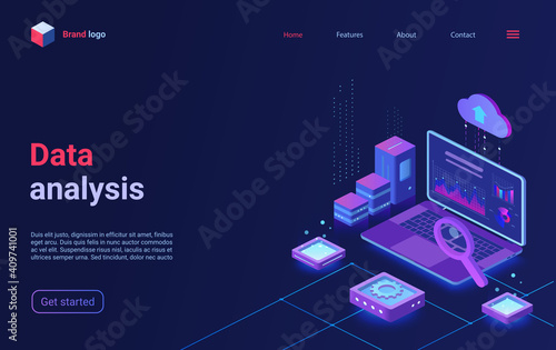 Data analysis, financial analytics isometric vector illustration. Cartoon 3d analyst trader workplace with laptop and big chart graph information, finance research business technology landing page