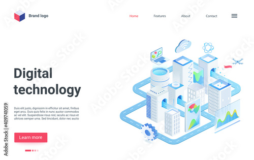 Modern city, future digital technology isometric vector illustration. Cartoon 3d cityscape with futuristic smart infrastructure and buildings skyscrapers on streets, internet of things landing page