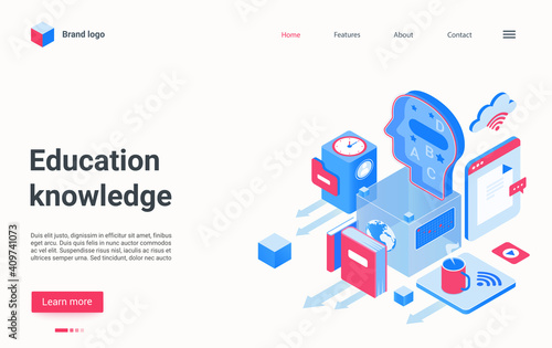 Education knowledge technology isometric vector illustration. Cartoon 3d abstract human head with alphabet educational symbols, books, training and practice brain development concept landing page