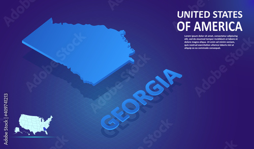 Isometric Georgia State map on blue and glowing background. 3D Detailed Map in perspective with place for your text or description. Technology Information Graphic Elements for design and template.