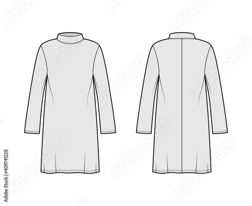 Tunic sweater technical fashion illustration with stand-away collar, long sleeves, oversized, knee length. Flat modest shirt apparel top template front, back, grey color. Women men unisex CAD mockup