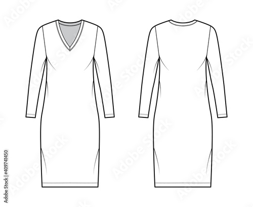 T-shirt dress technical fashion illustration with V-neck, long sleeves, knee length, oversized body, Pencil fullness. Flat apparel template front, back, white color. Women, men, unisex CAD mockup