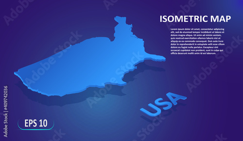 Isometric map of USA. Modern flat map of the United States of America on blue background. Isolated 3D isometric country concept for infographic. Technology Information Elements for design or template