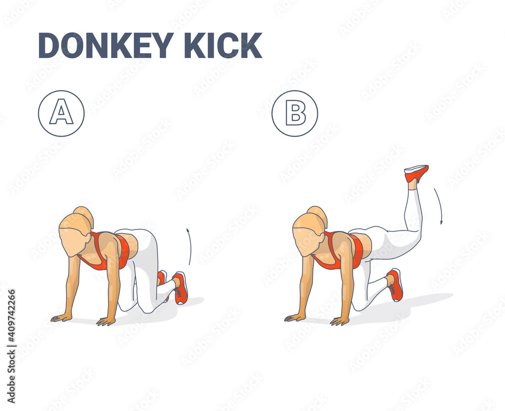 Donkey Kick Female Home Workout Exercise Guide Illustration. Colorful  Concept of Young Woman Kick Back and Up Workout. Stock Vector