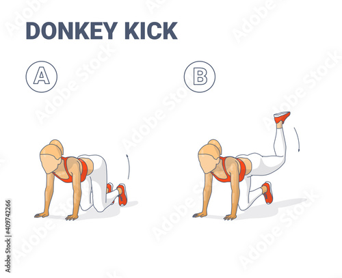 Donkey Kick Female Home Workout Exercise Guide Illustration. Colorful Concept of Young Woman Kick Back and Up Workout.