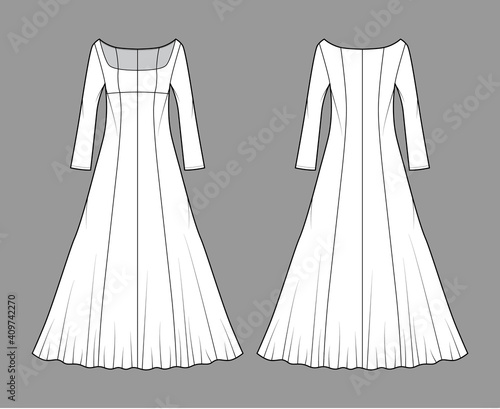 Dress evening technical fashion illustration with scoop neck, maxi floor length, fitted body, circular fullness, long sleeves. Flat apparel template front, back, white color. Women, unisex CAD mockup