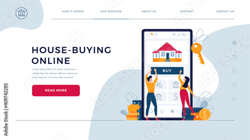 House-buying online, template for homepage. Couple touching the button on monitor screen, buy a home. Concept of home purchase, buy a property online for website design. Flat vector illustration