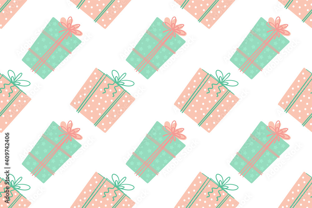 Diagonally seamless pattern gift box illustrations. Simple cute style. Universal colors. Gift box in delicate green and pink colors. Suitable for any holiday, event, celebration.