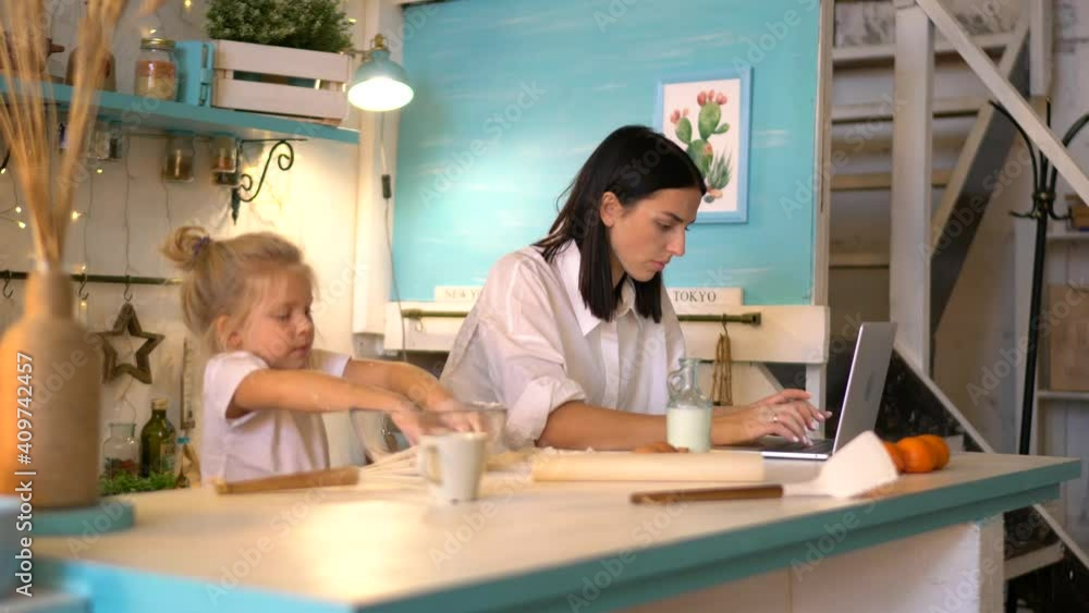 Concept of problems with distance job during coronavirus quarantine at self isolation in home interior,daughter distract mother from laptop projecting need bonding for together preparing homemade foo
Concept of problems with distance job during coronavirus quarantine at self isolation in home interior,daughter distract mother from laptop projecting need bonding for together preparing homemade foo