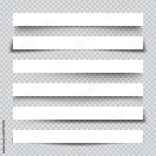 Set of white blank paper scraps with shadows. Page dividers on checkered background. Realistic transparent shadow effect. Element for design. Vector illustration.