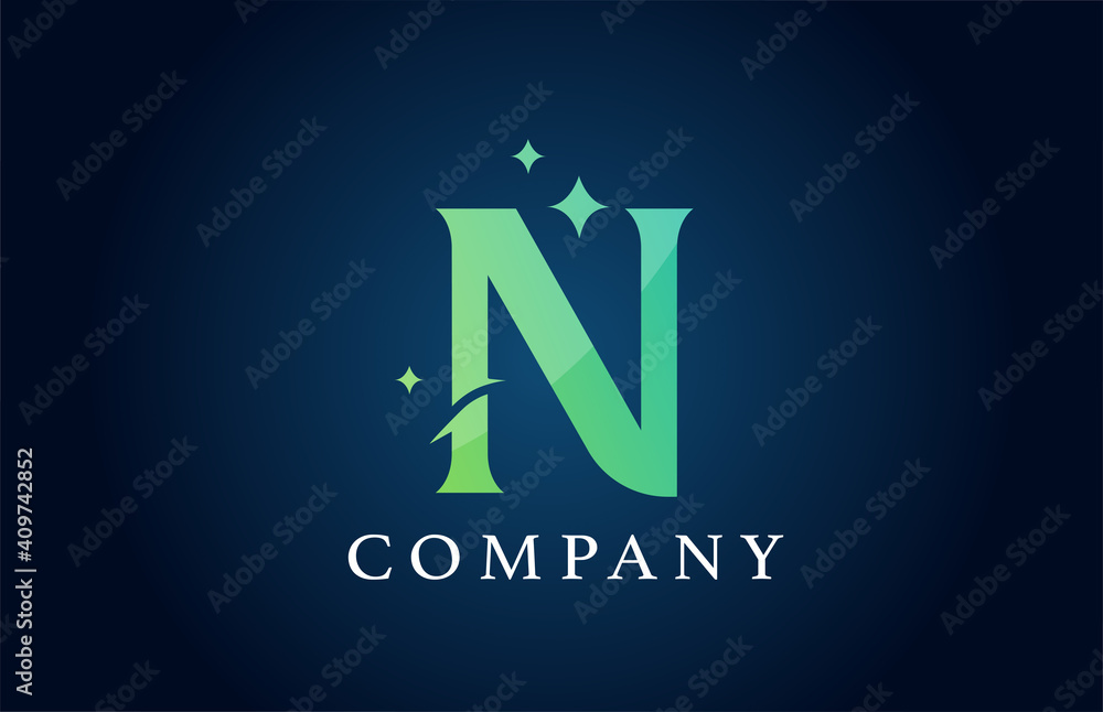 N blue green gradient alphabet letter logo for business. Creative corporate identity and lettering. Company design branding with stars N blue green gradient alphabet letter logo for business. Creative corporate identity and lettering. Company design branding with stars
