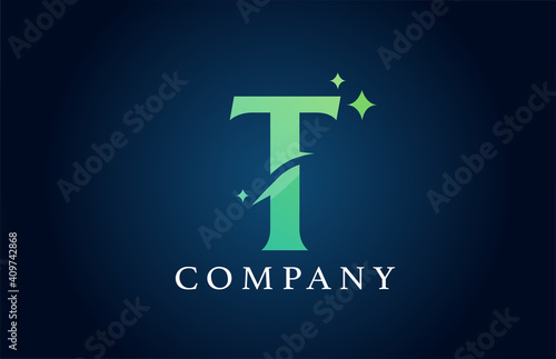 T blue green gradient alphabet letter logo for business. Creative corporate identity and lettering. Company design branding with stars