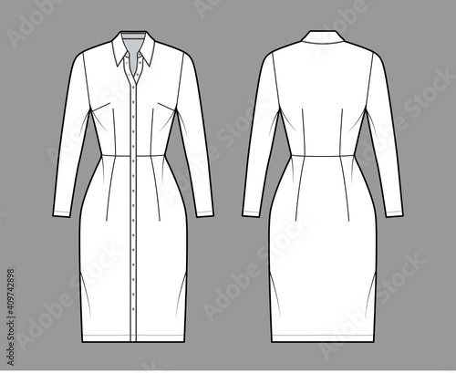 Shirt dress technical fashion illustration with classic regular collar, knee length, fitted body, long sleeves, button up. Flat apparel template front, back, white color. Women, men, unisex CAD mockup