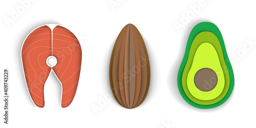 Salmon steak, almonds and avocado isolated on white background. Paper cut. The ketogenic diet, healthy eating, fats and proteins.