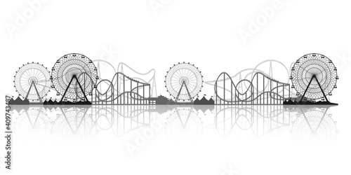 Ferris wheel. Funfair carnival background. Circus park. Roller coaster. Vector illustration.