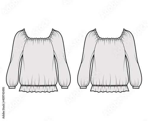 Peasant blouse technical fashion illustration with bouffant long sleeves, gathered wide scoop and hem, oversized. Flat shirt apparel top template front, back, grey color. Women men unisex CAD mockup