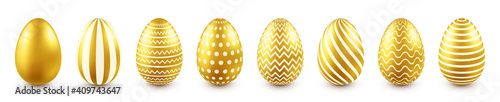 Golden Easter eggs isolated on white background. Seasonal spring decoration element. Egg hunt game. Vector illustration.