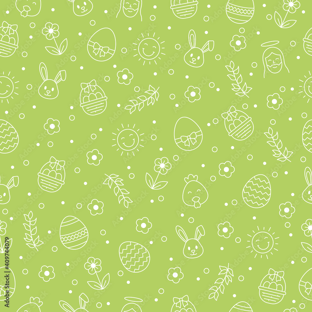 Happy Easter seamless pattern with bunny, jesus christ, egg, flower, branch, chicken on green background. Greeting card outline vector icons, gift wrapping paper and wallpaper vector illustration. Happy Easter seamless pattern with bunny, jesus christ, egg, flower, branch, chicken on green background. Greeting card outline vector icons, gift wrapping paper and wallpaper vector illustration.