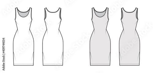 Tank dress technical fashion illustration with scoop neck, straps, knee length, fitted body, Pencil fullness. Flat apparel template front, back, white, grey color. Women, men, unisex CAD mockup