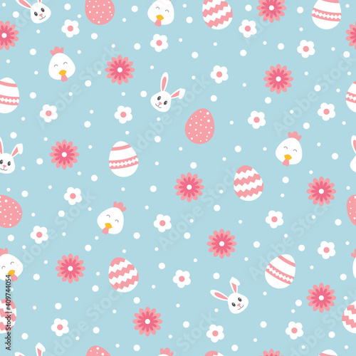 Happy Easter seamless pattern with bunny, egg, flower, rabbit, chicken on blue background. Greeting card vector icons, gift wrapping paper and wallpaper vector illustration.