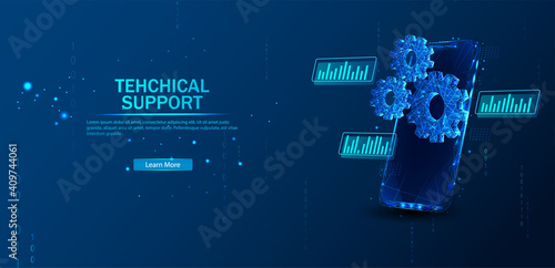 Technical support. The concept of service. A gears consisting of polygons. Phone in a futuristic polygonal style with a skeleton, low-poly triangles. Internet, or a symbol of the device and phone. 
