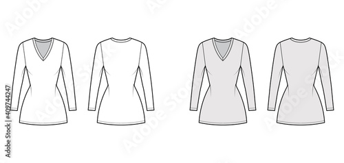 T-shirt dress technical fashion illustration with V-neck, long sleeves, mini length, fitted body, Pencil fullness. Flat apparel template front, back, white, grey color. Women, men, unisex CAD mockup