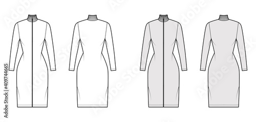 Turtleneck zip-up dress technical fashion illustration with long sleeves, knee length, fitted body, Pencil fullness. Flat apparel template front, back, white, grey color. Women, men, unisex CAD mockup