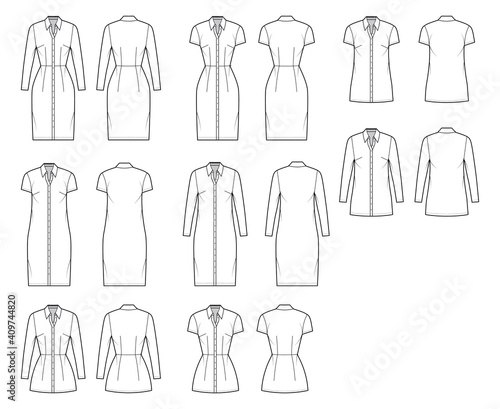 Shirt dress technical fashion illustration with classic regular collar, knee, mini length, oversized, fitted body, button up. Flat apparel template front, back, white color. Women, men CAD mockup