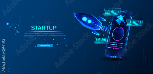 Polygonal Concept Business Startup. The rocket takes off from portal of the mobile phone augmented reality on blue background. Design concept augmented reality. AR and VR Development. Media Technology